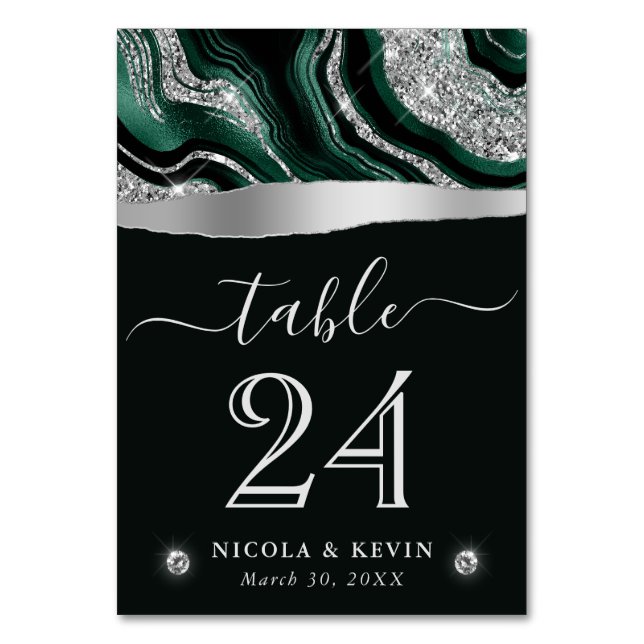 Numeração De Mesa Casamento de Ágata Verde Elegante com Brilho Prate (Frente)