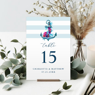 Numeração De Mesa Casamento de Âncora de Cor de Água com Stripes Azu