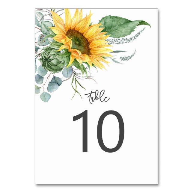 Numeração De Mesa Casamento de Aquarela de Girassol Eucalipto Rústic (Frente)