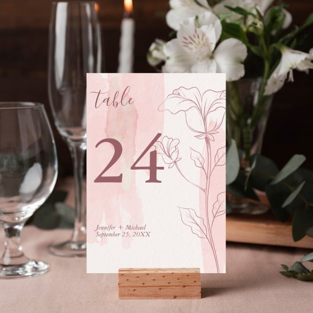 Numeração De Mesa Casamento de Aquarela Rosa-Rosa-Rosa-Floral Modern (Pink watercolor floral outline design table number card is perfect for your wedding reception.)