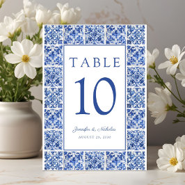 Numeração De Mesa Casamento de Azulejos Azuis Elegante do Mediterrân