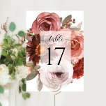 Numeração De Mesa Casamento de Blush e Borgonha ou Outro Evento<br><div class="desc">Cartão floral Elegante para números de tabela com um fino buquê de cor d'água pintado à mão. Uso da elegante e graciosa caligrafia moderna. Flores e folhagem em combinação de cor-de-rosa pincelado, ouro-rosa, pêssego, burgundy, Marsala e tons verdes de sábado. Parte do nosso casamento "Céu em Rosa" e coleções de...</div>