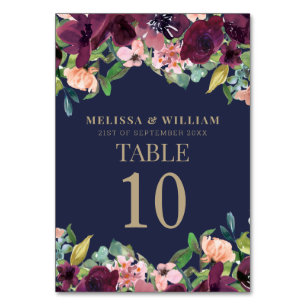 Numeração De Mesa Casamento de Borgonha Floral de marinho Watercolor