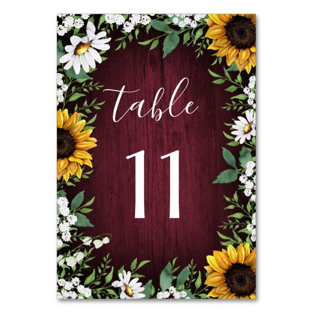 Numeração De Mesa Casamento de Burgundy Red Sunflower (Frente)
