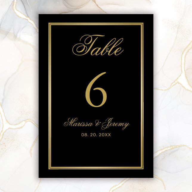 Numeração De Mesa Casamento de Caligrafia Dourada de Script Preto El (Elegant Black and Gold Wedding Table Number Card)