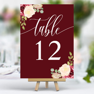 Numeração De Mesa Casamento de Caligrafia Floral Merlot Vermelho Int
