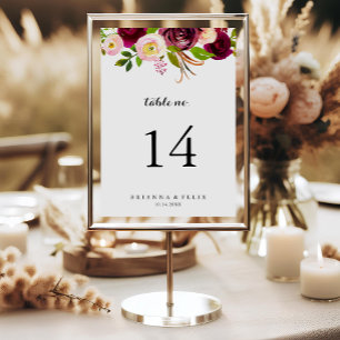 Numeração De Mesa Casamento de Caligrafia Floral Rustic Blush Burgun