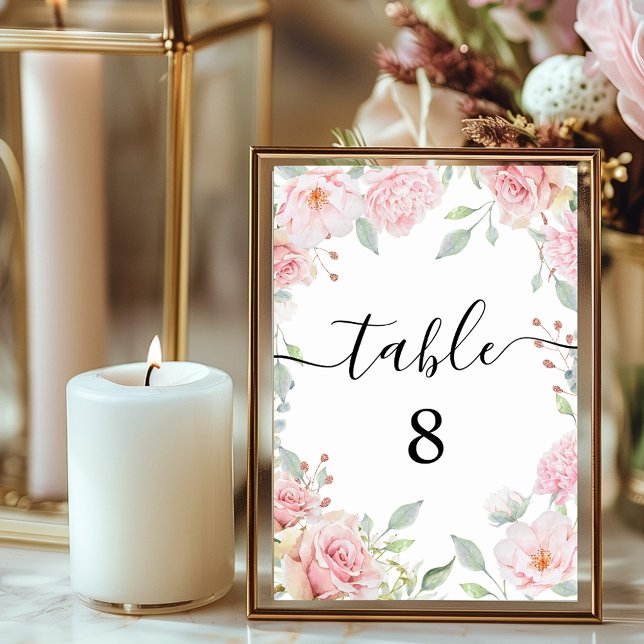 Numeração De Mesa Casamento de Caligrafia Romântica de Rosas Rosa El (Elegant Pink Roses Romantic Calligraphy Wedding Table Number)