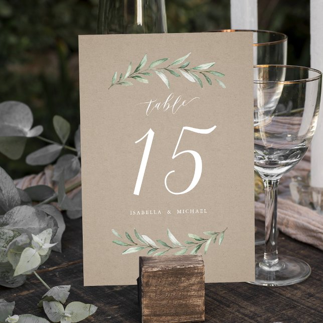 Numeração De Mesa Casamento de caligrafia simples da Kraft (Kraft simple calligraphy rustic greenery wedding table number)