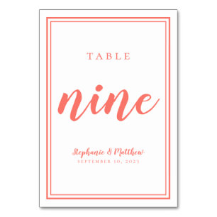 Numeração De Mesa Casamento de Coral e Branco Simples Número Nove
