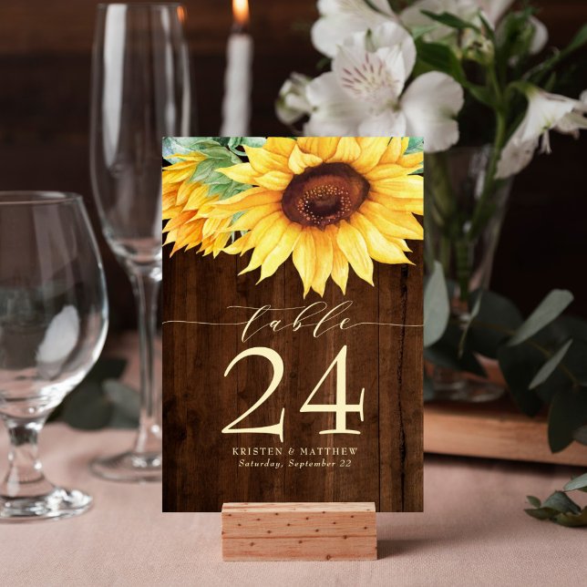 Numeração De Mesa Casamento de Cores de Água, Rustic Wood Sunflower (Rustic wood sunflower watercolor design table number card is perfect for your wedding reception.)