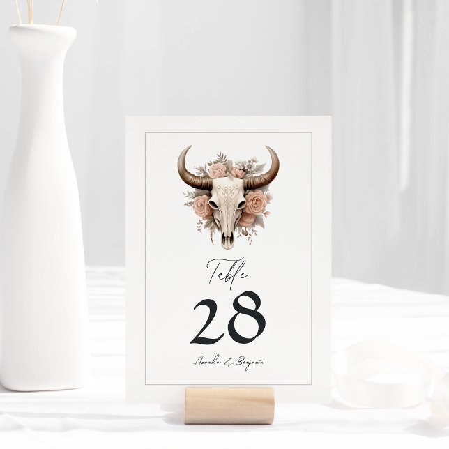 Numeração De Mesa Casamento de Crânio de Vaca Floral Rústico (Rustic Floral Cow Skull Wedding Table Number)