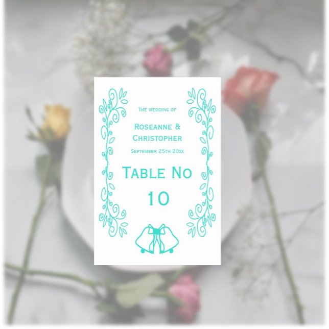 Numeração De Mesa Casamento de Design de Carris de Peruca (Turquoise wedding table number card bells and scrollwork design)