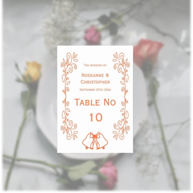 Numeração De Mesa Casamento de Design de Coral Bells (Coral wedding table number bells and scrollwork design)