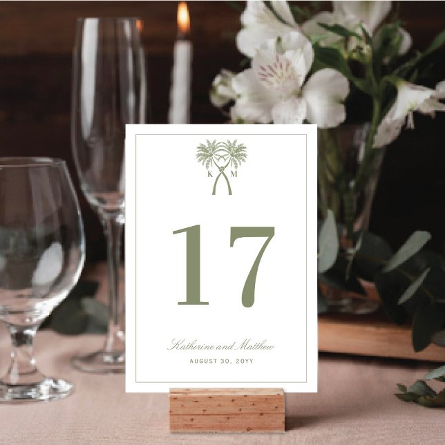 Numeração De Mesa Casamento de Destino Tropical de Palmeiras (Knotted Palm Trees Tropical Destination Wedding Table Number Card @ fatfatin_blue_knot)