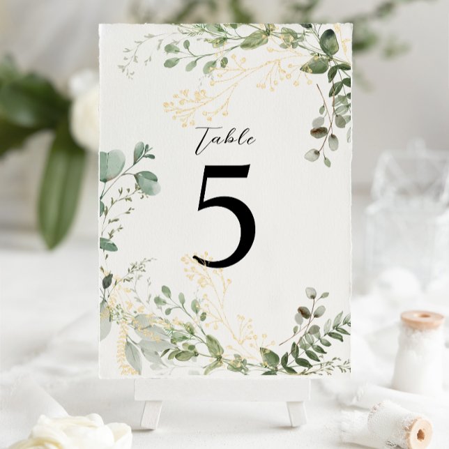 Numeração De Mesa Casamento de Eucalipto com Verde e Dourado Elegant (Criador carregado)