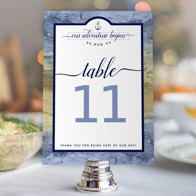 Numeração De Mesa Casamento de Evento Dourado e Azul Aço Marinha Nav (Steel Blue and Gold Nautical Wedding "Our Adventure Begins" Wedding Table Numbers)