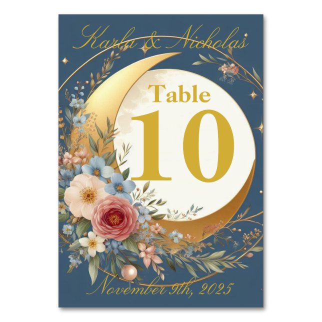 Numeração De Mesa Casamento de Flor Azul e Dourado (Frente)