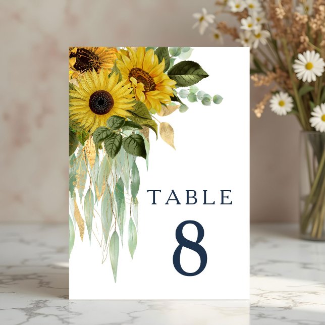 Numeração De Mesa Casamento de Flor Floral Azul-Marinho Elegante (Elegant Navy Blue Floral Sunflower Wedding Table Number)