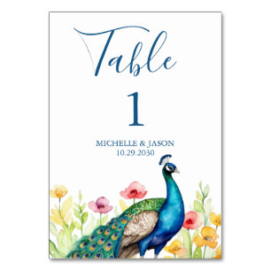 Numeração De Mesa Casamento de Flores de Pavão com Aquarela Moderna 