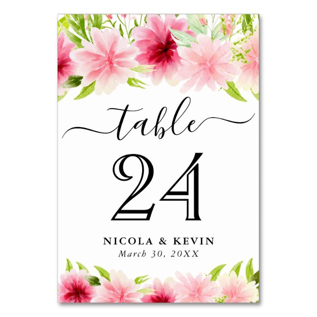 Numeração De Mesa Casamento de Flores de Verão Rosa Aquarela (Frente)