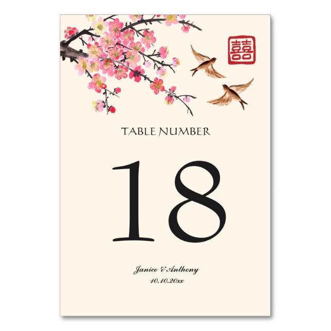 Numeração De Mesa Casamento de flores e aves pintadas a tinta chines (Frente)
