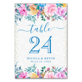 Numeração De Mesa Casamento de Flores Rosa e Azul Aguarela