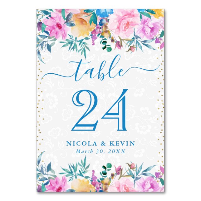 Numeração De Mesa Casamento de Flores Rosa e Azul Aguarela (Frente)