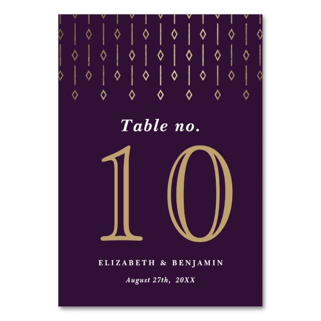 Numeração De Mesa Casamento de Folha de Ouro com Roxo Púrpura de Vin (Frente)