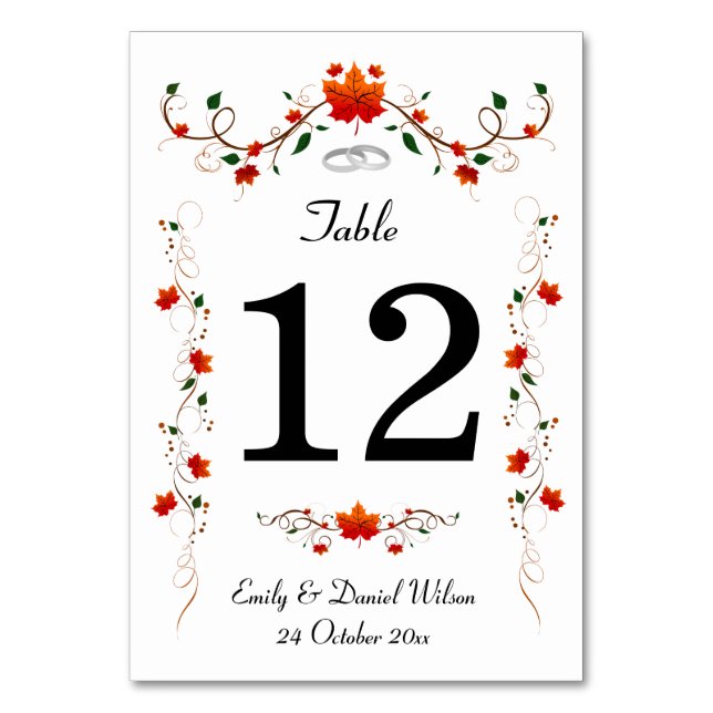 Numeração De Mesa Casamento de Folhas do outono Elegante (Frente)