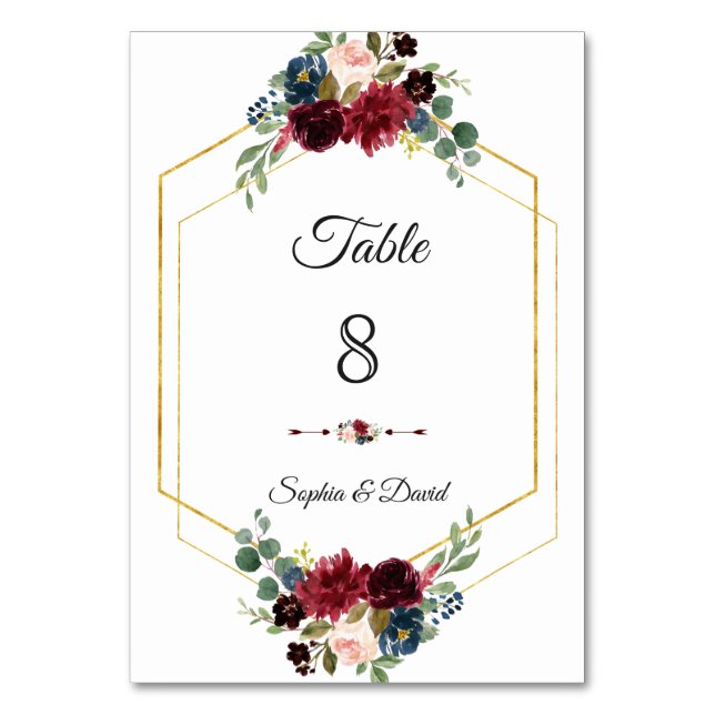 Numeração De Mesa Casamento de Frame de Hexágono Dourado Floral (Frente)