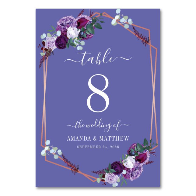Numeração De Mesa Casamento de Frame Dourado de Rosa Botânica Purple (Frente)
