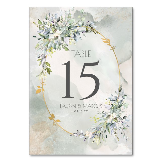 Numeração De Mesa Casamento de Frame Dourado Floral Verde de Aquarel (Frente)