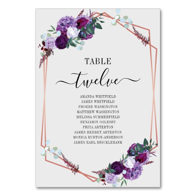 Numeração De Mesa Casamento de Frame Dourado Rosa Floral Roxo (Frente)