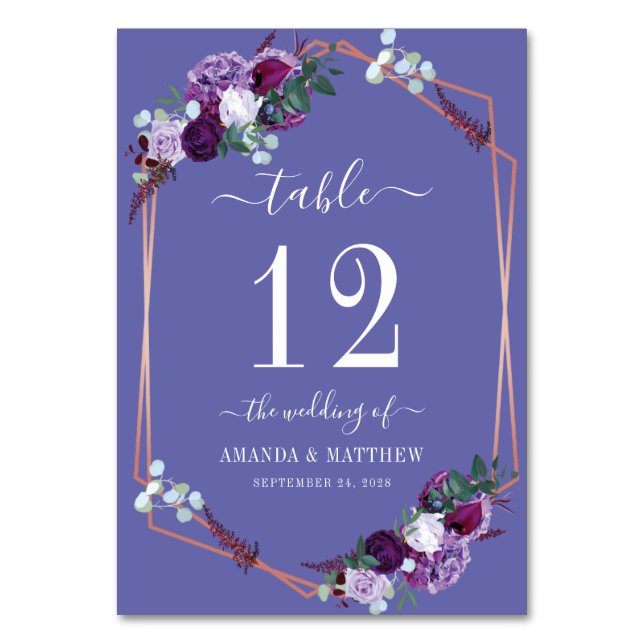 Numeração De Mesa Casamento de Frame Dourado Rosa Floral Roxo (Frente)