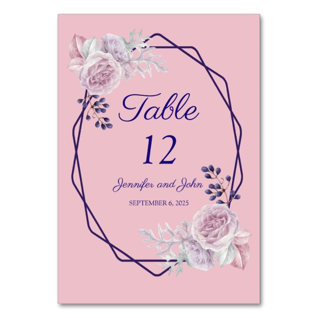 Numeração De Mesa Casamento de Frames Geométricos Roxos Pink Peonies (Frente)
