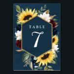 Numeração De Mesa Casamento de Girassol e Marinho Azul Magnolia Borg<br><div class="desc">Design apresenta girassol elegante de cor d'água,  rosas vermelho e azul marinho,  magnólia branca e vários tipos de verde com uma moldura dourada impressa sobre um fundo de cor d'água texturizado/projetado a azul de marinho.</div>