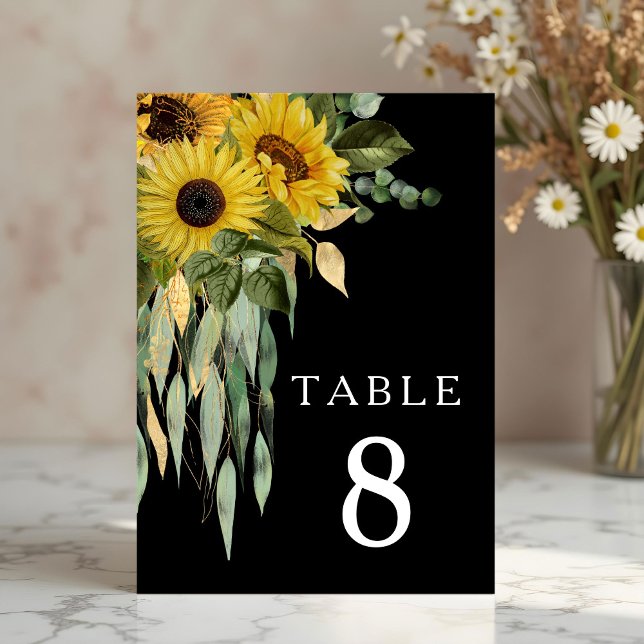 Numeração De Mesa Casamento de Girassol Preto Moderno (Modern Black Sunflower Wedding Table Number)