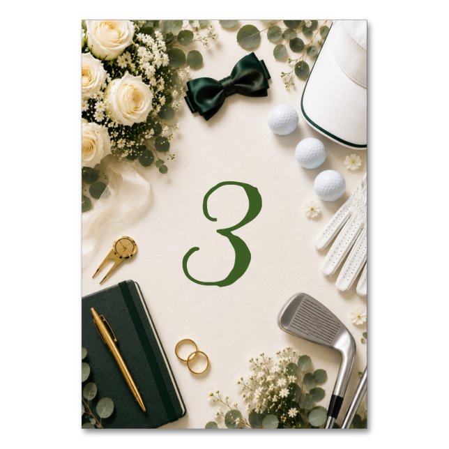Numeração De Mesa Casamento de Golfe Elegante em Flat Lay (Frente)