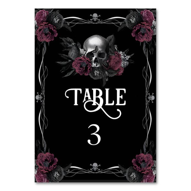 Numeração De Mesa Casamento de Halloween Floral Gótico Burgundy Cave (Frente)