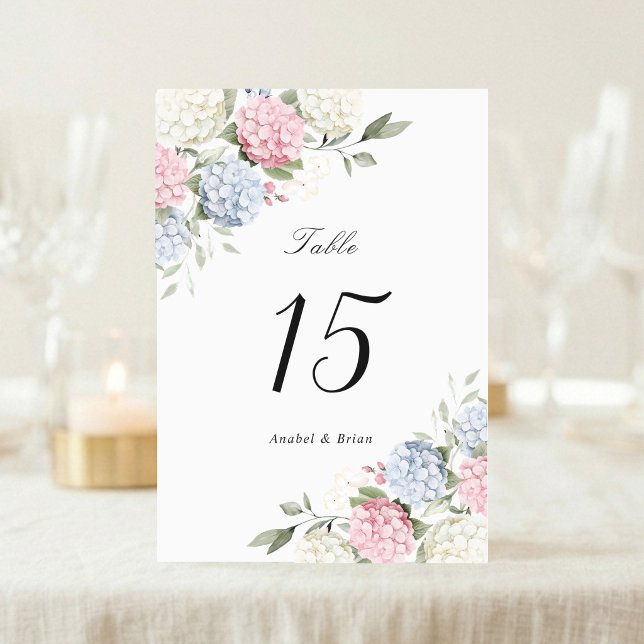 Numeração De Mesa Casamento de Hydrangea Rosa Floral Elegante e Azul (Criador carregado)