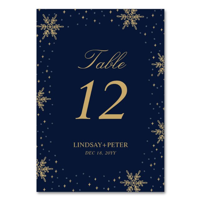 Numeração De Mesa Casamento de Inverno com Flocos de Neve em Dourado (Frente)
