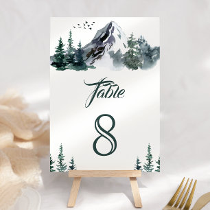 Numeração De Mesa Casamento de Inverno Floresta Montanhosa Aquarela