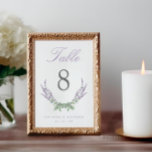 Numeração De Mesa Casamento de Lavanda de Aquarela de Script Elegant<br><div class="desc">Números elegantes de lilás e mesas de casamento verdes com caules de lavanda de aquarela dispostos em uma coroa aberta. O título "Mesa" está na letra lilac do script. Personalize com seus nomes e data do casamento.</div>