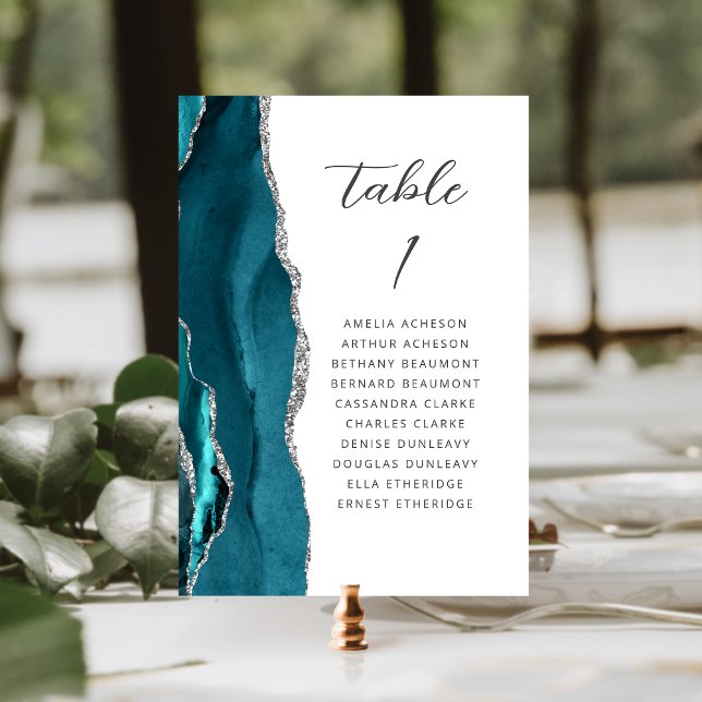 Numeração De Mesa Casamento de Letra Moderna Azul Teal Ágata Prata (Criador carregado)