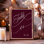 Numeração De Mesa Casamento de Luxury Calliografia Burgundy Número 1<br><div class="desc">Mesa 1. Verifique todos os números disponíveis. | Luxo e elegante número da mesa de casamento com caligrafia elegante com suas iniciais. Para uma personalização mais avançada deste design,  clique no BOTÃO FERRAMENTA DESIGN AZUL acima!</div>