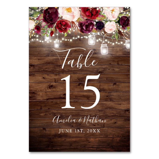Numeração De Mesa Casamento de Luzes Florais Rustic Wood Burgundy (Frente)