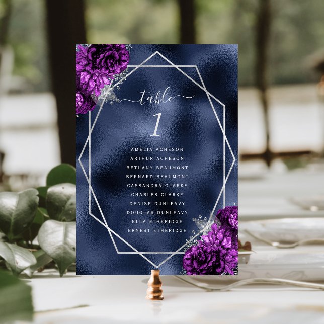 Numeração De Mesa Casamento de Marinho Azul de Prata Floral Roxo (Criador carregado)