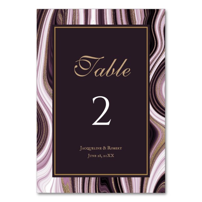 Numeração De Mesa Casamento de Mármore Dourado e Roxo Elegante (Frente)