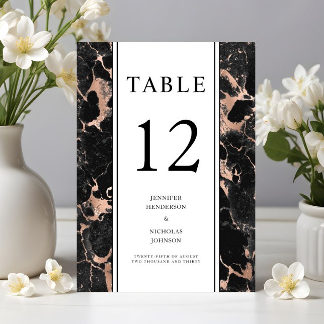 Numeração De Mesa Casamento de mármore Dourado Elegante Rosa negro (Elegant Black Rose Gold Marble Wedding Table Number)